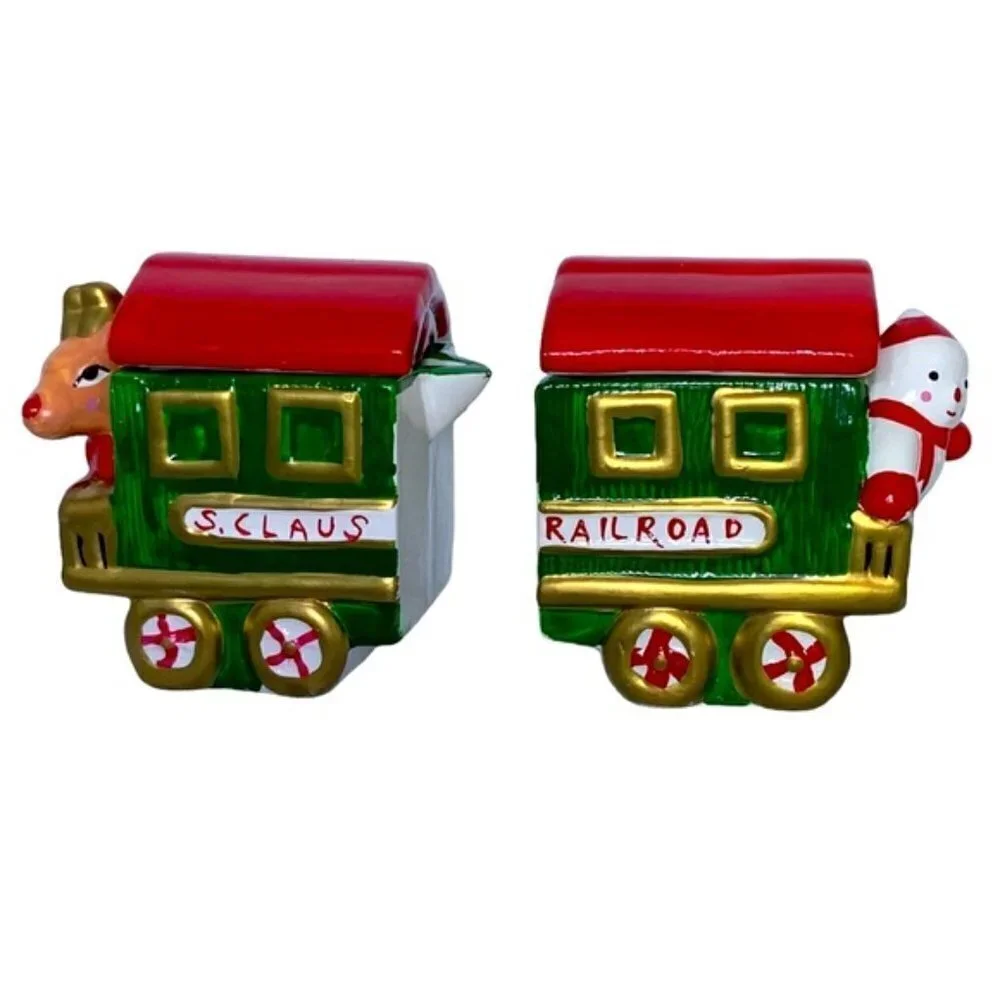 Vintage Santa Train Teapot With Nesting Creamer Sugar Bowl 3 Pieces Ceramic 1994